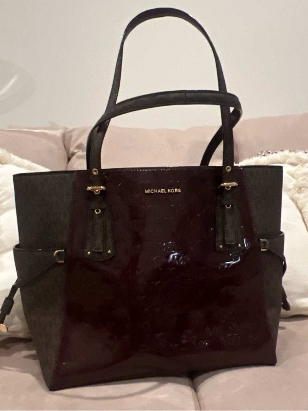 Michael Kors Glossy Patent Voyager Tote in Merlot and Brown